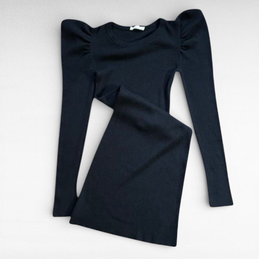 Splendid Ribbed Sweater Dress with Puff Shoulder Sleeves – Black, Size Small